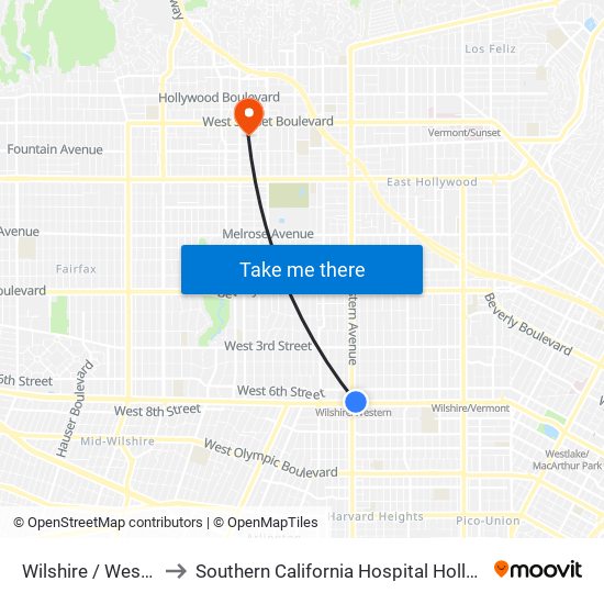 Wilshire / Western to Southern California Hospital Hollywood map