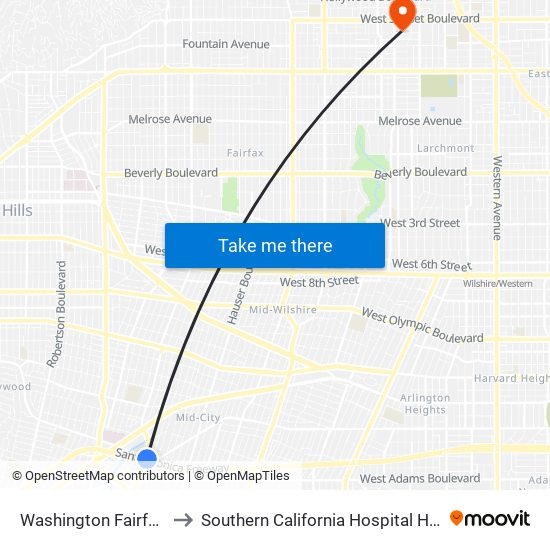 Washington Fairfax Hub to Southern California Hospital Hollywood map