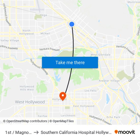 1st / Magnolia to Southern California Hospital Hollywood map