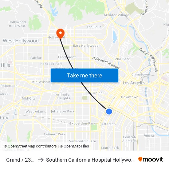 Grand / 23rd to Southern California Hospital Hollywood map