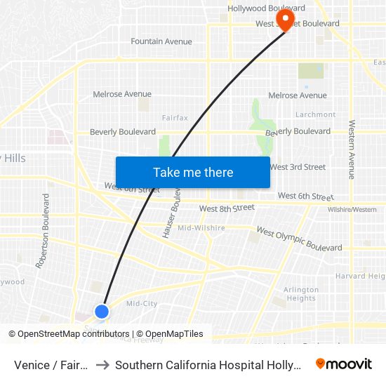 Venice / Fairfax to Southern California Hospital Hollywood map