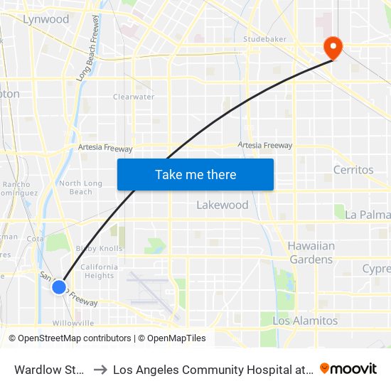 Wardlow Station to Los Angeles Community Hospital at Norwalk map