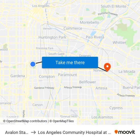 Avalon Station to Los Angeles Community Hospital at Norwalk map