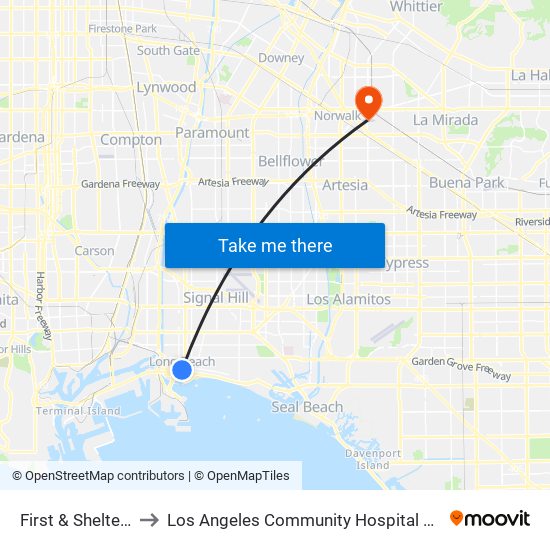 First & Shelter C N to Los Angeles Community Hospital at Norwalk map