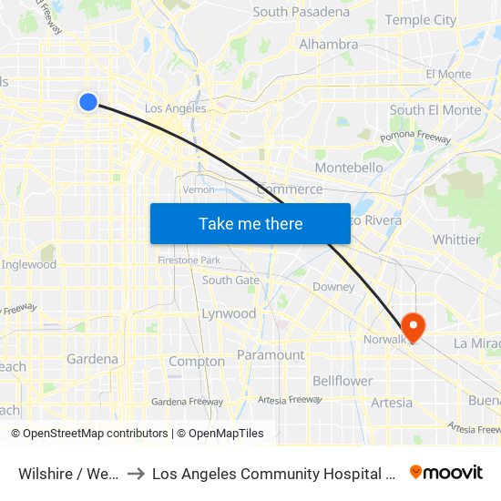 Wilshire / Western to Los Angeles Community Hospital at Norwalk map