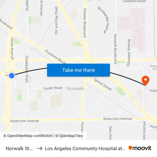 Norwalk Station to Los Angeles Community Hospital at Norwalk map