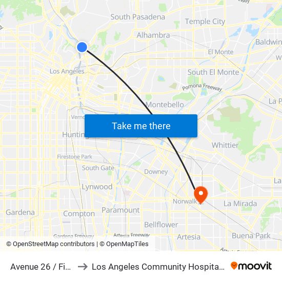 Avenue 26 / Figueroa to Los Angeles Community Hospital at Norwalk map