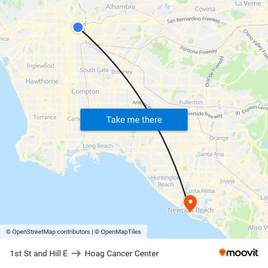 1st St and Hill E to Hoag Cancer Center map