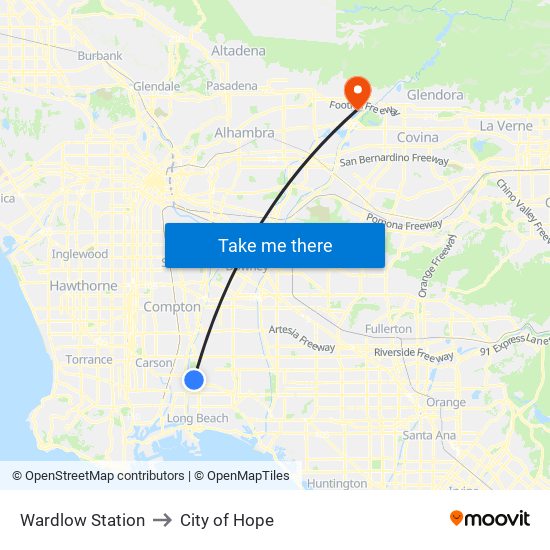 Wardlow Station to City of Hope map