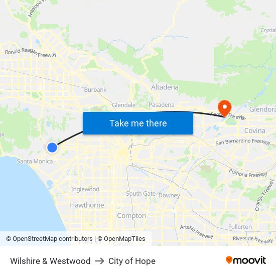 Wilshire & Westwood to City of Hope map