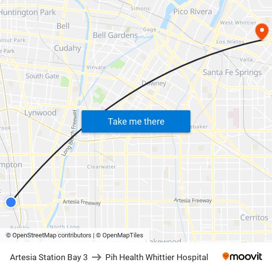 Artesia Station Bay 3 to Pih Health Whittier Hospital map