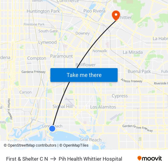 First & Shelter C N to Pih Health Whittier Hospital map