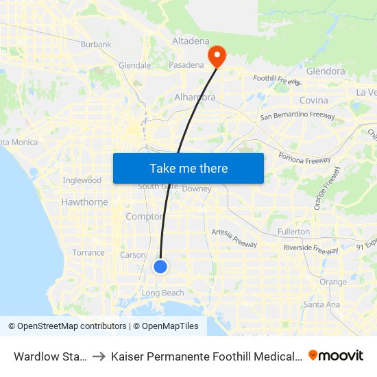 Wardlow Station to Kaiser Permanente Foothill Medical Offices map