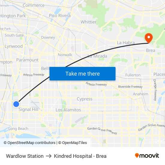 Wardlow Station to Kindred Hospital - Brea map