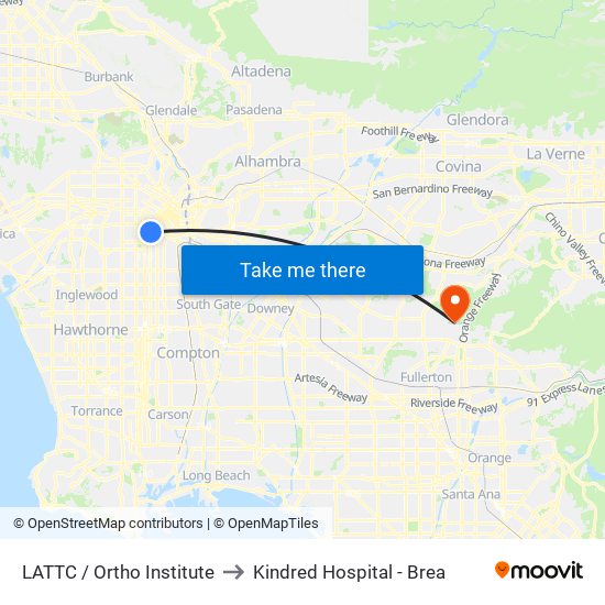 LATTC / Ortho Institute to Kindred Hospital - Brea map