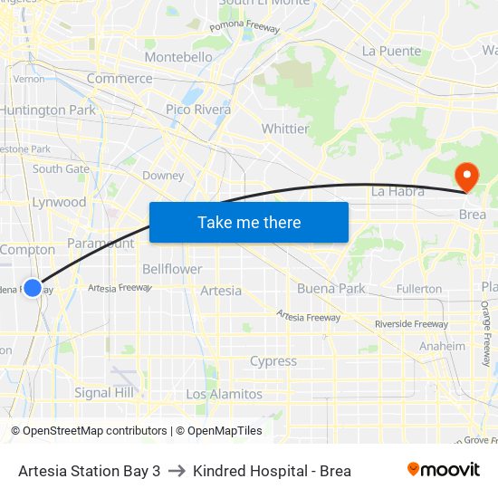 Artesia Station Bay 3 to Kindred Hospital - Brea map