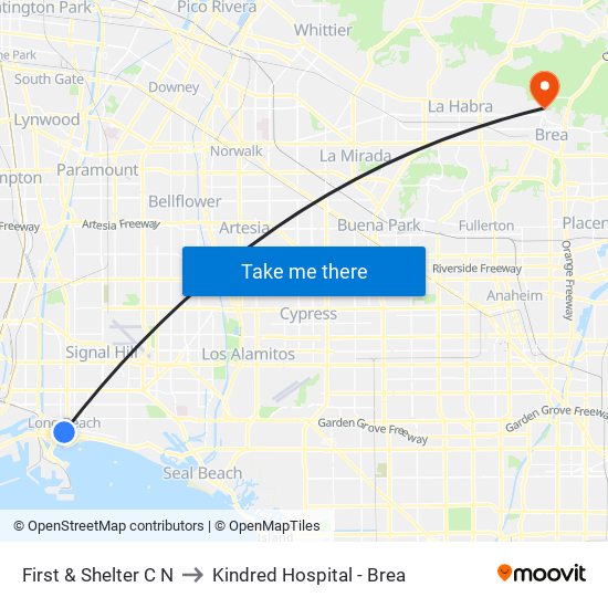 First & Shelter C N to Kindred Hospital - Brea map