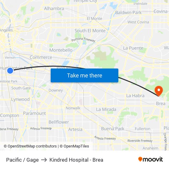 Pacific / Gage to Kindred Hospital - Brea map