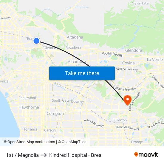 1st / Magnolia to Kindred Hospital - Brea map