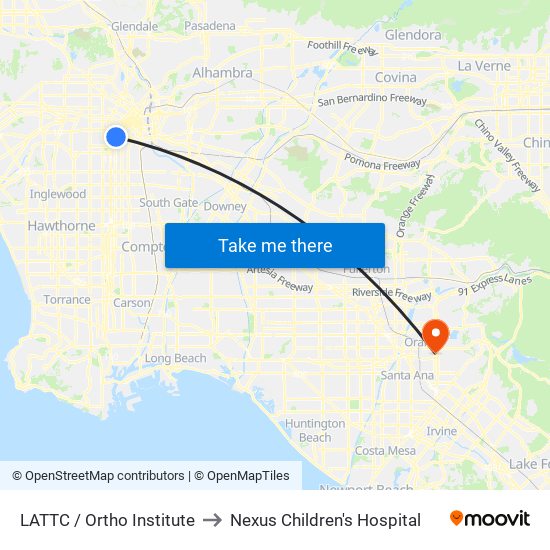 LATTC / Ortho Institute to Nexus Children's Hospital map