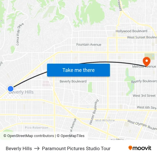 Beverly Hills to Paramount Pictures Studio Tour map