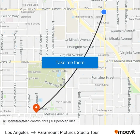 Los Angeles to Paramount Pictures Studio Tour map