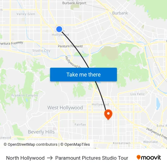 North Hollywood to Paramount Pictures Studio Tour map