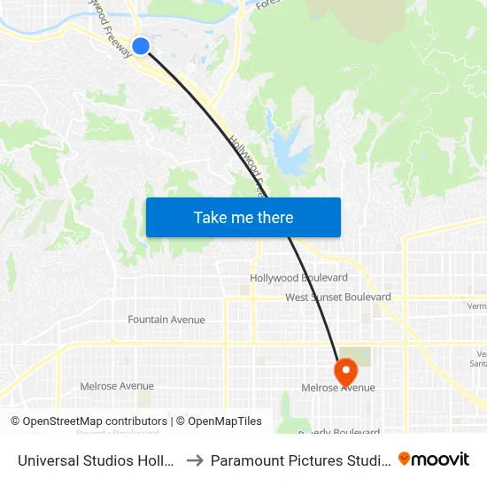 Universal Studios Hollywood to Paramount Pictures Studio Tour map
