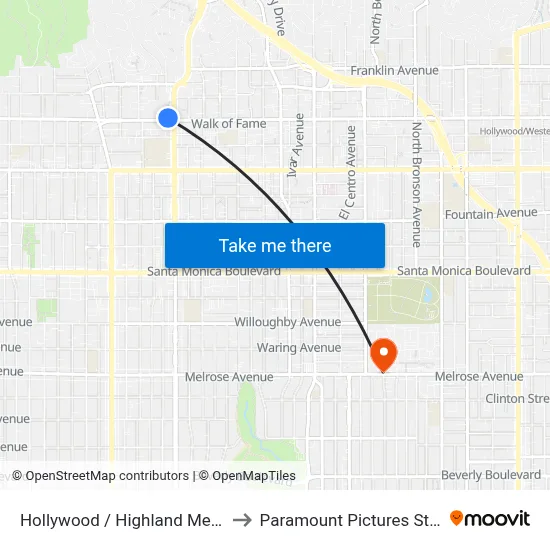 Hollywood / Highland Metro Station to Paramount Pictures Studio Tour map