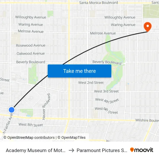 Academy Museum of Motion Pictures to Paramount Pictures Studio Tour map