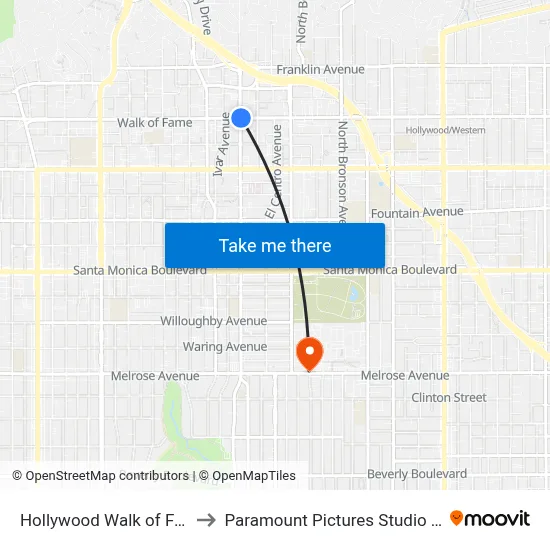 Hollywood Walk of Fame to Paramount Pictures Studio Tour map