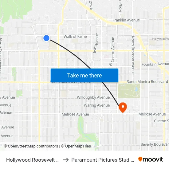 Hollywood Roosevelt Hotel to Paramount Pictures Studio Tour map