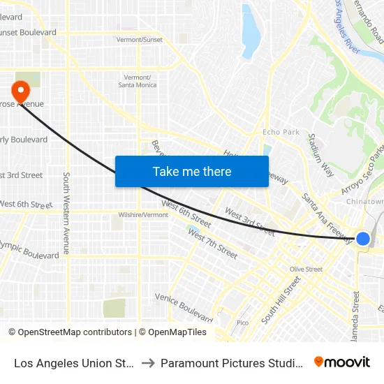 Los Angeles Union Station to Paramount Pictures Studio Tour map