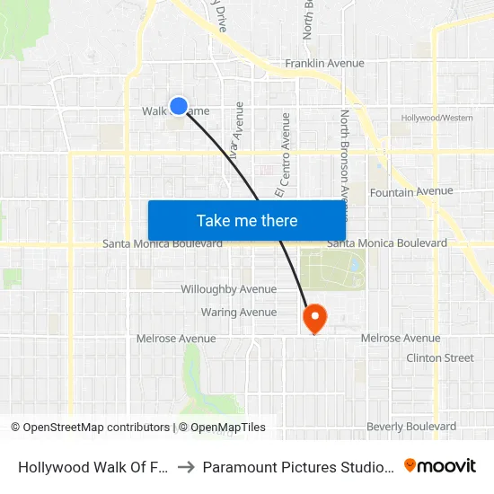Hollywood Walk Of Fame to Paramount Pictures Studio Tour map