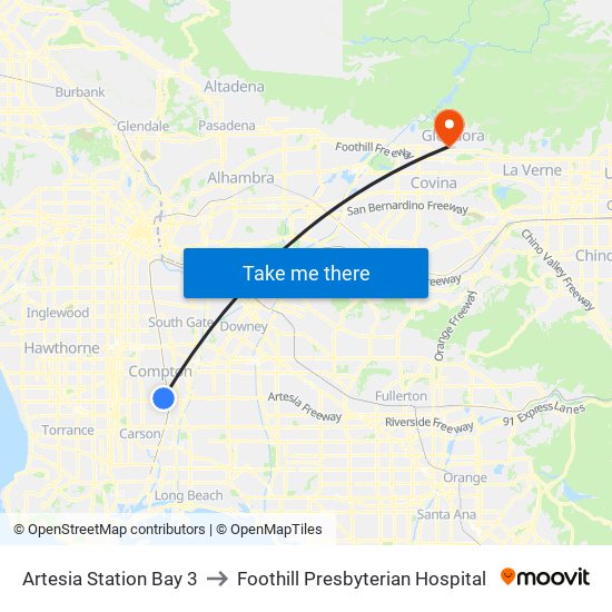 Artesia Station Bay 3 to Foothill Presbyterian Hospital map