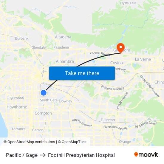 Pacific / Gage to Foothill Presbyterian Hospital map