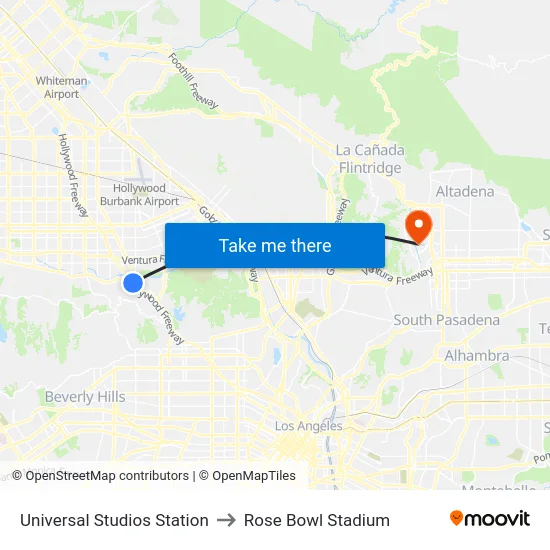 Universal Studios Station to Rose Bowl Stadium map