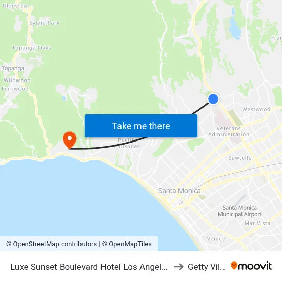 Luxe Sunset Boulevard Hotel Los Angeles to Getty Villa map