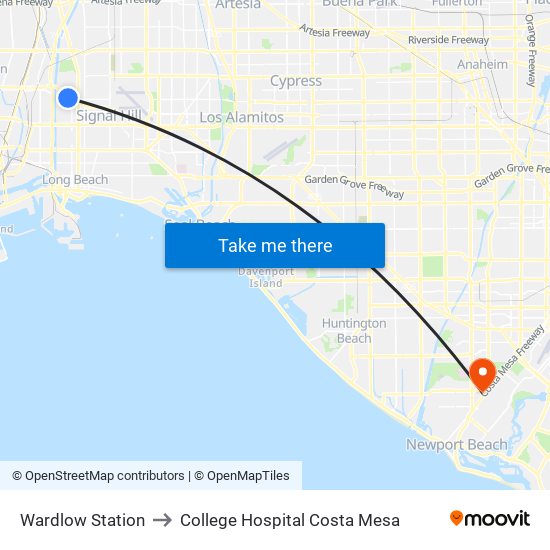 Wardlow Station to College Hospital Costa Mesa map