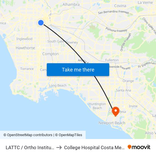 LATTC / Ortho Institute to College Hospital Costa Mesa map