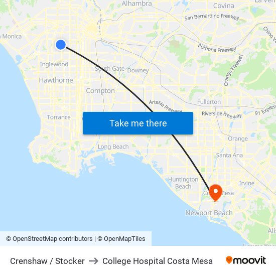 Crenshaw / Stocker to College Hospital Costa Mesa map