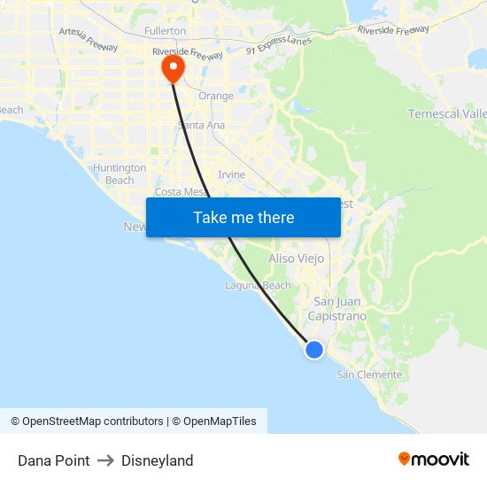 Dana Point to Disneyland map