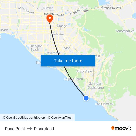 Dana Point to Disneyland map