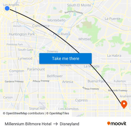 Millennium Biltmore Hotel to Disneyland map