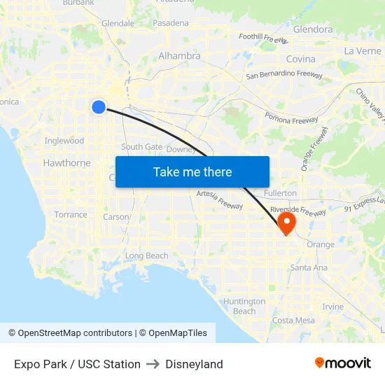 Expo Park / USC Station to Disneyland map