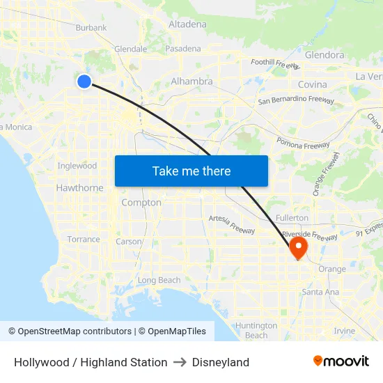 Hollywood / Highland Station to Disneyland map