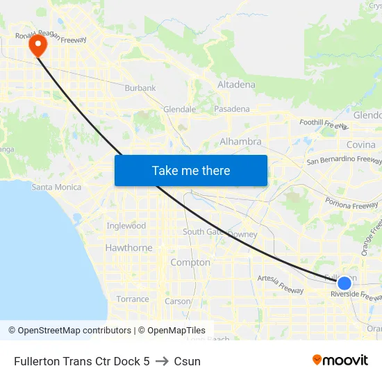Fullerton Trans Ctr Dock 5 to Csun map