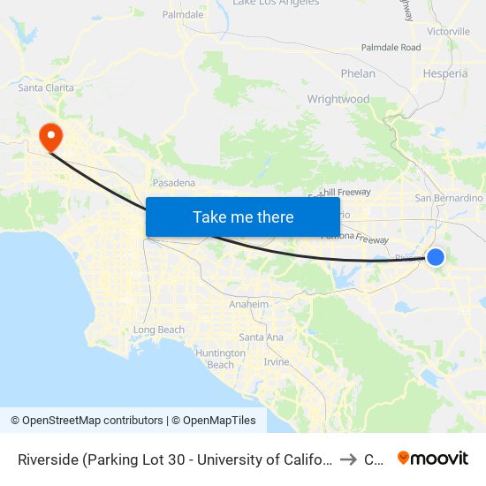 Riverside (Parking Lot 30 - University of California, Riverside) to Csun map