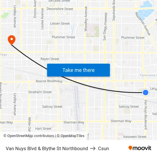 Van Nuys Blvd & Blythe St Northbound to Csun map