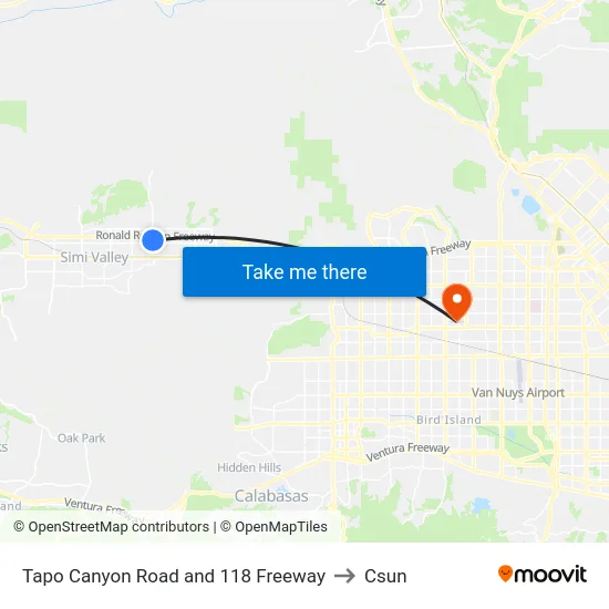 Tapo Canyon Road and 118 Freeway to Csun map